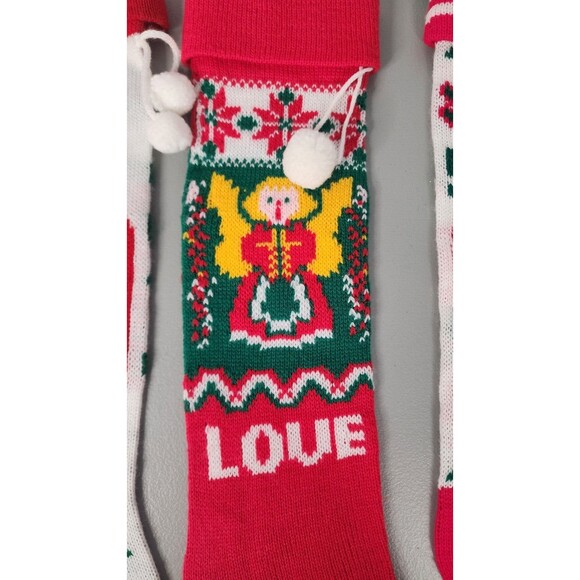 VTG Christmas Knit Stockings Lot Of 3 21" Pom Poms Toys Angel Love Santa Red - Picture 4 of 8